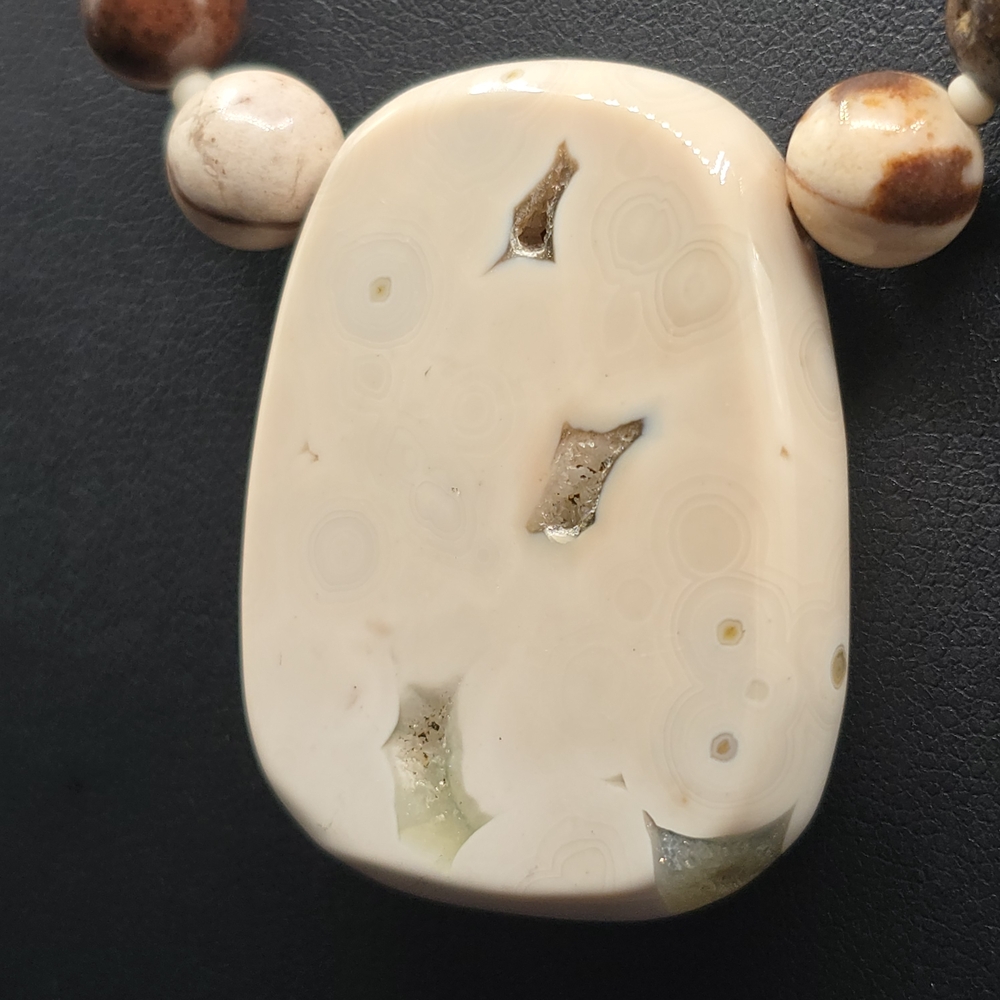 VTG Orbicular Ocean Jasper Necklace Druzy Pendant Natural Stone Beaded Boho 21"